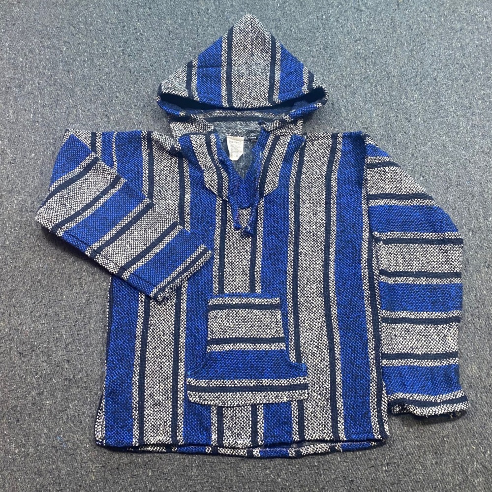 Vel-Mex Baja Hoodie Sz S Unisex Blue Striped Skater Boho Woven Drug Rug Mexico